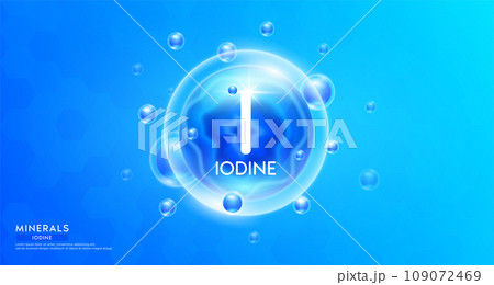 Iodine minerals inside blue bubble floating in the air. Vitamins complex essential supplement to the health care. For food nutrition and medicine. Science medical concept. Banner 3D vector. Iodine minerals inside blue bubble floating in the air. Vitamins complex essential supplement to the health care. For food nutrition and medicine. Science medical concept. Banner 3D vector. 109072469