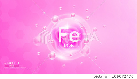 Iron minerals inside pink bubble floating in the air. Vitamins complex essential supplement to the health care. For food nutrition and medicine. Science medical concept. Banner 3D vector. Iron minerals inside pink bubble floating in the air. Vitamins complex essential supplement to the health care. For food nutrition and medicine. Science medical concept. Banner 3D vector. 109072470