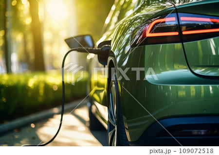 Close-up of power supply plugged into an electric car being charged. Electric vehicle charging in a parking lot with EV charging station on city street. Sustainable energy concept. Close-up of power supply plugged into an electric car being charged. Electric vehicle charging in a parking lot with EV charging station on city street. Sustainable energy concept. 109072518