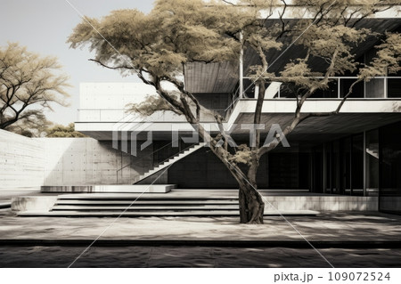 Black and white image of whimsical tree with lush foliage outside an ultra-modern minimalist concrete and glass building. Live objects and inanimate background monochrome combination. Black and white image of whimsical tree with lush foliage outside an ultra-modern minimalist concrete and glass building. Live objects and inanimate background monochrome combination. 109072524