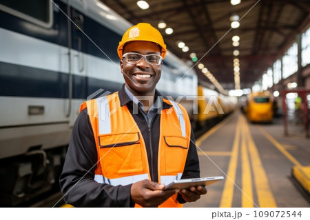 Young cheerful African American male engineer, technician or worker at railway station. Confident black man in safety helmet and vest with tablet coordinates train maintenance and checking. Young cheerful African American male engineer, technician or worker at railway station. Confident black man in safety helmet and vest with tablet coordinates train maintenance and checking. 109072544