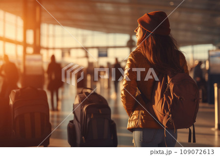 Young charming Caucasian woman with backpack standing at the building of modern international or domestic airport. Romantic girl traveler starts her journey in beautiful sunny morning. Female tourist. Young charming Caucasian woman with backpack standing at the building of modern international or domestic airport. Romantic girl traveler starts her journey in beautiful sunny morning. Female tourist. 109072613