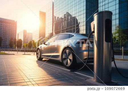 Innovative electric car connected to charging station against the backdrop of modern architecture building. Technological advancement in rechargeable EV using alternative clean and sustainable energy. 109072669