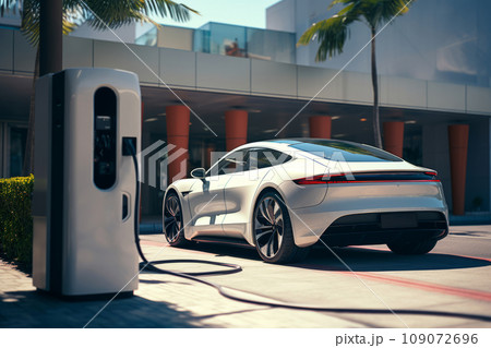 Innovative electric car connected to charging station against the backdrop of modern architecture building. Technological advancement in rechargeable EV using alternative clean and sustainable energy. Innovative electric car connected to charging station against the backdrop of modern architecture building. Technological advancement in rechargeable EV using alternative clean and sustainable energy. 109072696