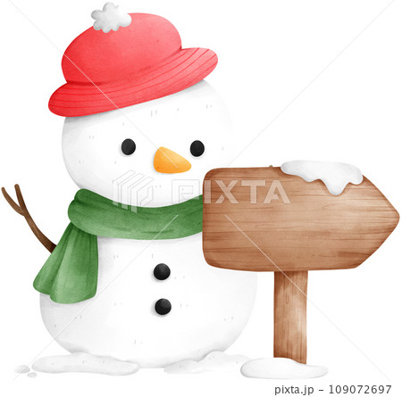Cute cartoon snowman with signboard christmas watercolor illustration Cute cartoon snowman with signboard christmas watercolor illustration 109072697