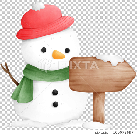 Cute cartoon snowman with signboard christmas watercolor illustration Cute cartoon snowman with signboard christmas watercolor illustration 109072697