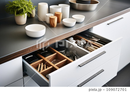 Modern kitchen, Open drawers, Set of cutlery trays in kitchen drawer. Solid  oak wood cutlery drawer inserts. Stock Photo