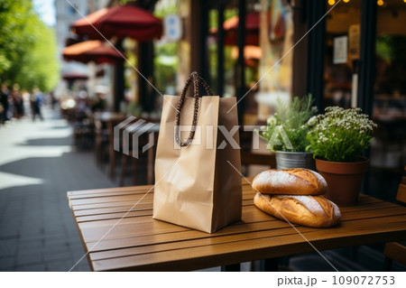 Two loaves of freshly baked wheat bread and a craft paper bag lie on the table of a street cafe, bakery and confectionery. High-quality and fresh products from small businesses in the food industry. Two loaves of freshly baked wheat bread and a craft paper bag lie on the table of a street cafe, bakery and confectionery. High-quality and fresh products from small businesses in the food industry. 109072753