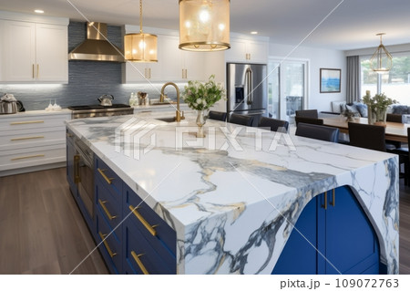 Interior of modern luxurious kitchen classic style. White and blue cabinets with gilded handles, kitchen island with white marble countertop, built-in home appliances, vintage pendant lights. Interior of modern luxurious kitchen classic style. White and blue cabinets with gilded handles, kitchen island with white marble countertop, built-in home appliances, vintage pendant lights. 109072763