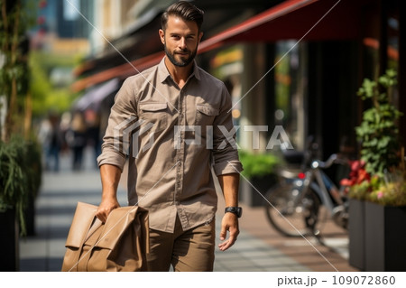 Male delivery courier with paper package walking along city street. Confident positive Caucasian man delivering parcel to a client. Logistic and delivery concept. Male delivery courier with paper package walking along city street. Confident positive Caucasian man delivering parcel to a client. Logistic and delivery concept. 109072860