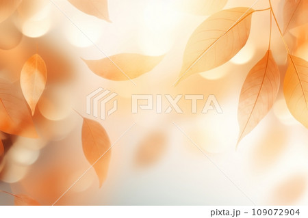 Seasonal fall foliage with detail textures, frame from autumn leaves. Yellow orange beige gradient color. Botanical trend background. Selective focus, bokeh effect. Copy space. 109072904