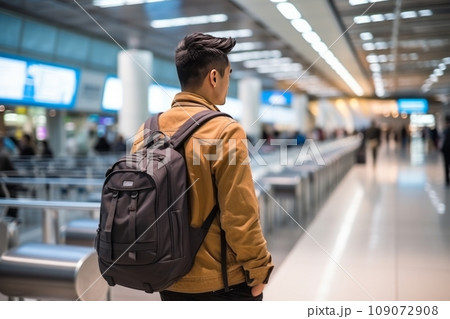 Young Asian man with backpack standing in airport terminal. Handsome confident student traveler starting his journey in domestic or international airport. Youth tourism, vacation concept. Young Asian man with backpack standing in airport terminal. Handsome confident student traveler starting his journey in domestic or international airport. Youth tourism, vacation concept. 109072908