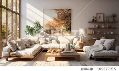 Interior of stylish spacious living room in luxury cottage. Comfortable beige cushioned furniture, rustic wooden coffee table, large painting on the wall, panoramic windows with garden view. 109072915