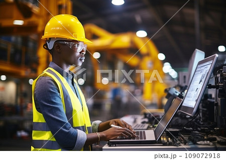 Young cheerful African American female engineer, technician or worker on a factory floor. Confident black woman in safety helmet and vest operates complex industrial equipment, setting up the machine. Young cheerful African American female engineer, technician or worker on a factory floor. Confident black woman in safety helmet and vest operates complex industrial equipment, setting up the machine. 109072918