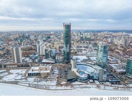 Yekaterinburg aerial panoramic view in Winter at sunset. Ekaterinburg is the fourth largest city in Russia located in the Eurasian continent on the border of Europe and Asia. 109073008