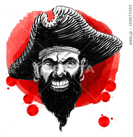 Angry pirate head. Hand-drawn vintage styled ink and watercolor illustration Angry pirate head. Hand-drawn vintage styled ink and watercolor illustration 109073503