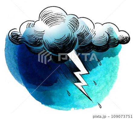 Thunder cloud and lightning. Hand-drawn ink and watercolor illustration 109073751