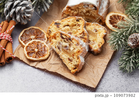 Christmas stollen with winter holidays decoration. 109073982