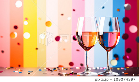 Two elegant glasses of champagne on a background with a geometric pattern, copy space. Holiday concept 109074597