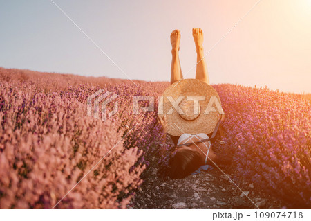 Woman lavender field. Happy carefree Woman legs stick out of the lavender bushes, warm sunset light. Bushes of lavender purple in blossom, aromatic flowers at lavender fields. 109074718