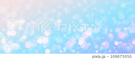 Christmas snowy background. Cold pink blue winter sky. Vector ice blizzard on gradient texture with bokeh and flakes. Festive new year theme for season sale wallpaper. 109075050