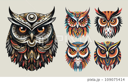 Vector ornamental ancient owl set illustration. Abstract historical mythology bird head logo. Good for print or tattoo Vector ornamental ancient owl set illustration. Abstract historical mythology bird head logo. Good for print or tattoo 109075414