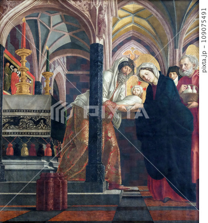 Presentation in the Temple on the main altar in Parish church in St. Wolfgang on Wolfgangsee in Austria Presentation in the Temple on the main altar in Parish church in St. Wolfgang on Wolfgangsee in Austria 109075491
