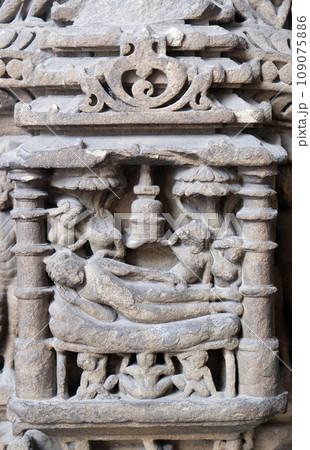 Scenes from the life of the Buddha, from 6th century found in Samath, Uttar Pradesh now exposed in the Indian Museum in Kolkata, West Bengal, India 109075886