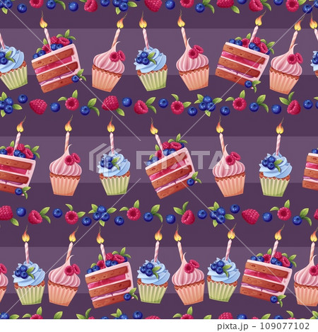 Seamless pattern with a cake decorated with cream, berries, a candle and a sparkler. Birthday muffin background. Festive texture for wrapping paper, cards, fabric, wallpaper. 109077102
