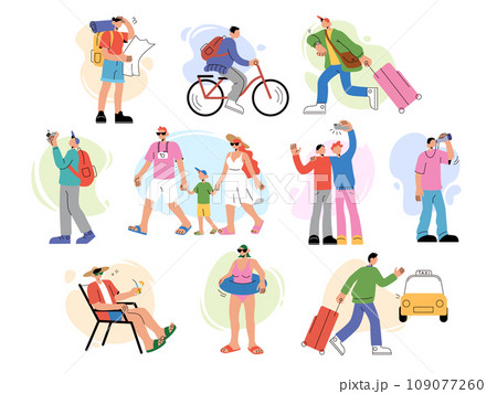 Travel persons. Summer tourism. People walk with baggage. Tourist family characters. Beach rest. Photo camera. Woman on bicycle. Man hurrying with luggage. Taxi order. Hiking map. Vector travelers set Travel persons. Summer tourism. People walk with baggage. Tourist family characters. Beach rest. Photo camera. Woman on bicycle. Man hurrying with luggage. Taxi order. Hiking map. Vector travelers set 109077260