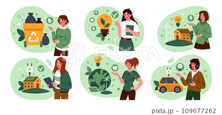 Sustainable home. Green renewable energy. Eco friendly car charge. Infographic with nature, ecology and people. Garbage recycle. Electric lamp. Environment conservation icons. Vector tidy concepts set 109077262