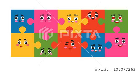 Abstract puzzles. Cartoon face emotions, cute happy doodle people, head and shape of laugh persons. Teamwork symbol. Jigsaw isolated color pieces. Comic facial expressions. Vector tidy illustration 109077263