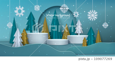 Winter background. Holidays season product promotion. Sale banner, 3d podium with snow and snowflakes, empty platforms, presentation showcases. Paper origami trees. Vector landscape, exact poster 109077269