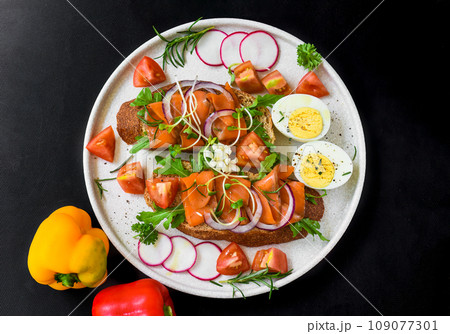 toast with smoked salmon, onion and vegetables on a white plate close up toast with smoked salmon, onion and vegetables on a white plate close up 109077301