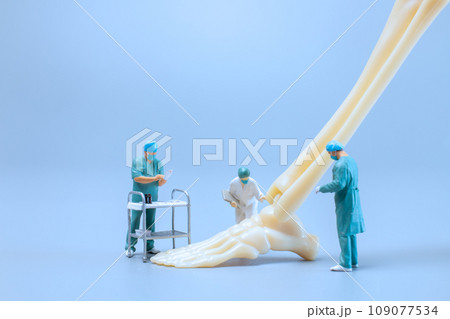 Miniature people , Anatomy model of the human ankle joint with a doctor on a blue backdrop Miniature people , Anatomy model of the human ankle joint with a doctor on a blue backdrop 109077534