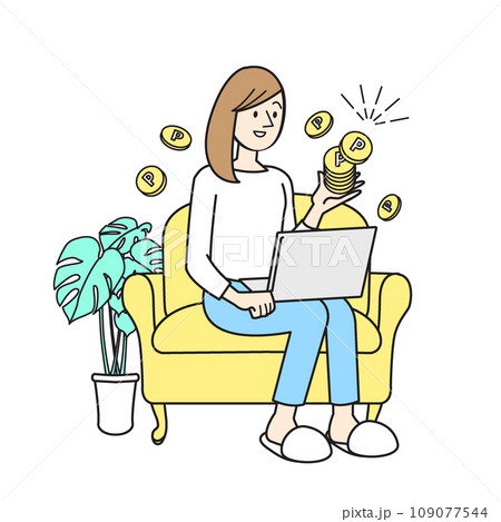 シンプルな人物イラスト　女性のライフスタイル　ソファに座る女性 109077544