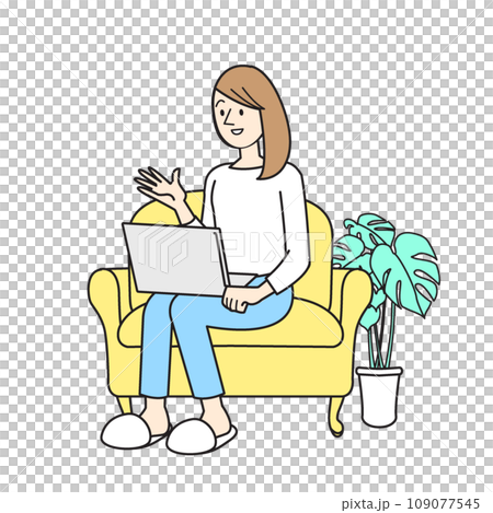 簡單的人物插圖，女性生活方式，坐在沙發上的女人 109077545