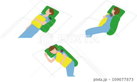 凍結肩・四十肩・五十肩・肩関節周囲炎。夜間に肩が痛み眠れない女性。痛みを緩和する寝方の一例 109077873