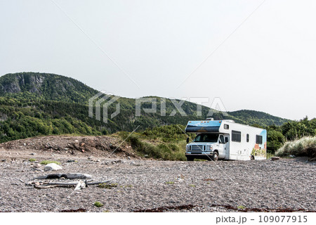 Camper RV truck parked at the Cape Breton Island Coast line cliff scenic Cabot Trail route, Nova Scotia Hghlands Canada Camper RV truck parked at the Cape Breton Island Coast line cliff scenic Cabot Trail route, Nova Scotia Hghlands Canada 109077915