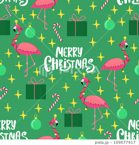 Christmas pattern with flamingo on green background. Christmas pattern with flamingo on green background. 109077917