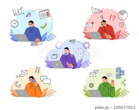 Person work on laptop. People at computers. Office employee. Coffee and paper documents on desk. Businessman online communication. Male worker. Job doodle infographics. Business characters vector set 109077922
