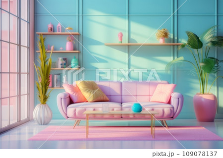 A well-composed interior shot of a living room with '90s furniture, featuring vaporwave elements like pastel colors and geometric shapes. Generative Ai 109078137