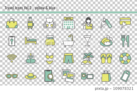 旅行アイコンセットB 03 黄色と水色 旅行アイコンセットB 03 黄色と水色 109078321