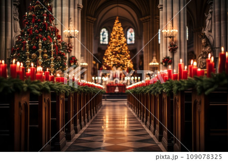 Beautifully decorated church interior with candlelit pews, emphasizing the spiritual aspect of Christmas celebrations. Generative Ai 109078325