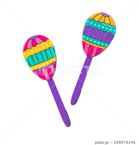 Maracas. Percussion shaker musical instrument. Rattle, a symbol of Latin American music, Mardi Gras, Brazilian carnival. Flat decorative element. Vector illustration highlighted on a white background. 109078346