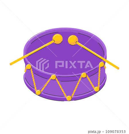 Drum with sticks. Percussion Musical instrument. A symbol of Mardi Gras, Brazilian carnival, festival. Flat decorative element. Vector illustration isolated on a white background. 109078353
