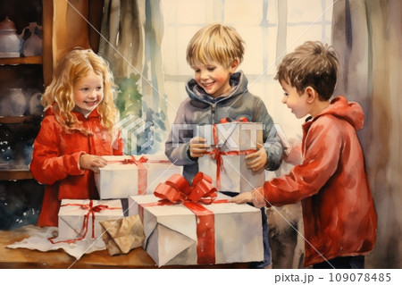 A heartwarming watercolor illustration of children discovering the presents left by Santa on Christmas morning. 109078485
