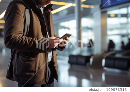 A traveler at an airport, presenting their electronic boarding pass on a mobile device, emphasizing convenience and paperless travel. 109078518