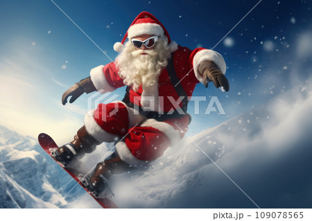 An action shot of Santa Claus snowboarding down a mountain slope, combining the thrill of extreme sports with the magic of Christmas. 109078565