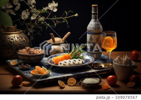 An artful composition of sake paired with exquisite Japanese dishes, highlighting the harmonious relationship between sake and cuisine. 109078567